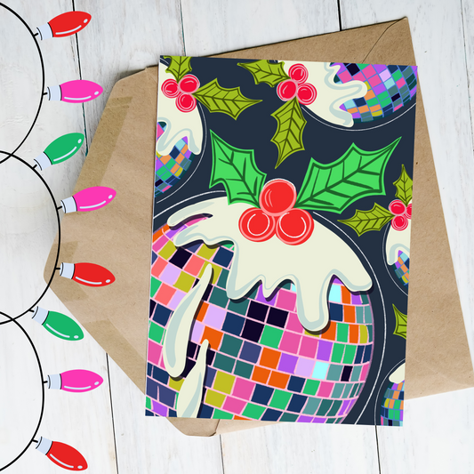 PRE-ORDER: Christmas disco pudding greetings card