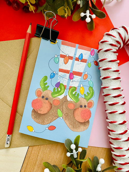 Reindeer slippers Christmas card